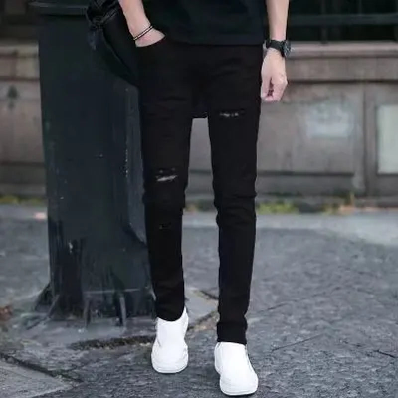 Korean Style Luxury Slim Fit Jeans for Men New Arrival High Street Fashion Ripped Denim Casual Classic White Trousers for Men