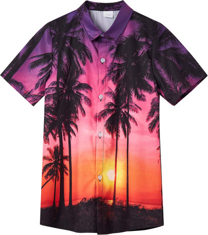 7 8 Years Old Boys Hawaiian Shirts for Kids 3D Printed Olive Green Palm Tree Purple Yellow Sky T-Shirt Little Boy Summer Short Sleeve Tops Child Cool and Comfy Tops Student Slim Fit Beach Tees