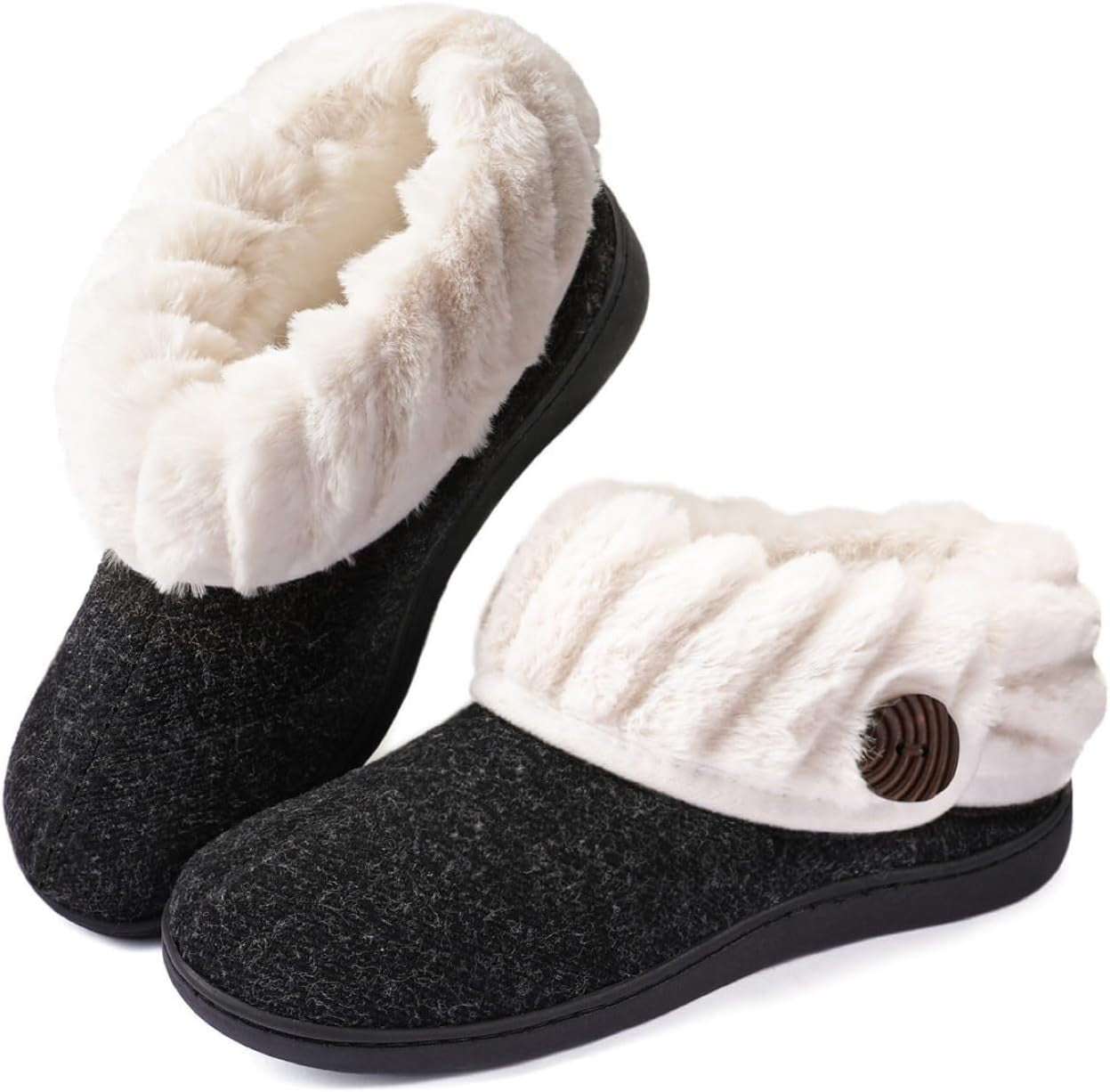 Women'S Wool Cozy Memory Foam Winter Slippers Indoor Outdoor with Fuzzy Faux Fur Collar