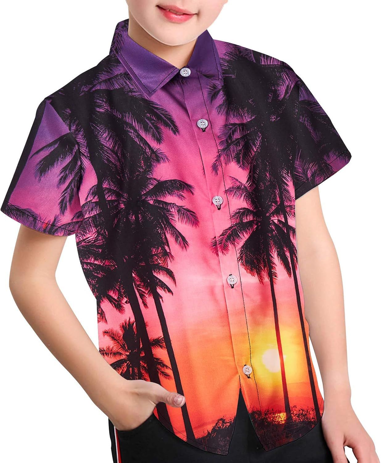 7 8 Years Old Boys Hawaiian Shirts for Kids 3D Printed Olive Green Palm Tree Purple Yellow Sky T-Shirt Little Boy Summer Short Sleeve Tops Child Cool and Comfy Tops Student Slim Fit Beach Tees