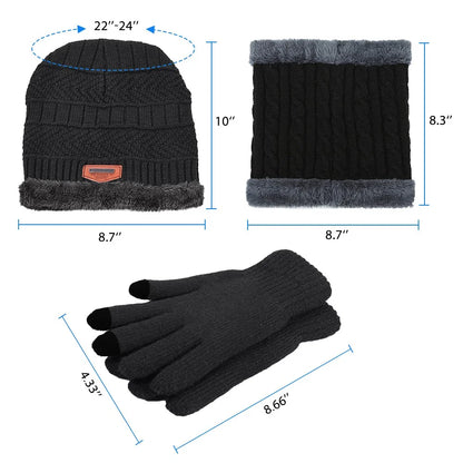 3 Pcs Winter Beanie Hat Scarf Gloves Set for Men Women, Thick Warm Cap Neck Scarf Touchscreen Gloves Fleece Lined Knitted Skull Hat, Christmas Day Gift, Black