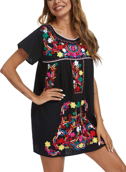 Women Mexican Embroidered Dress Short Sleeve