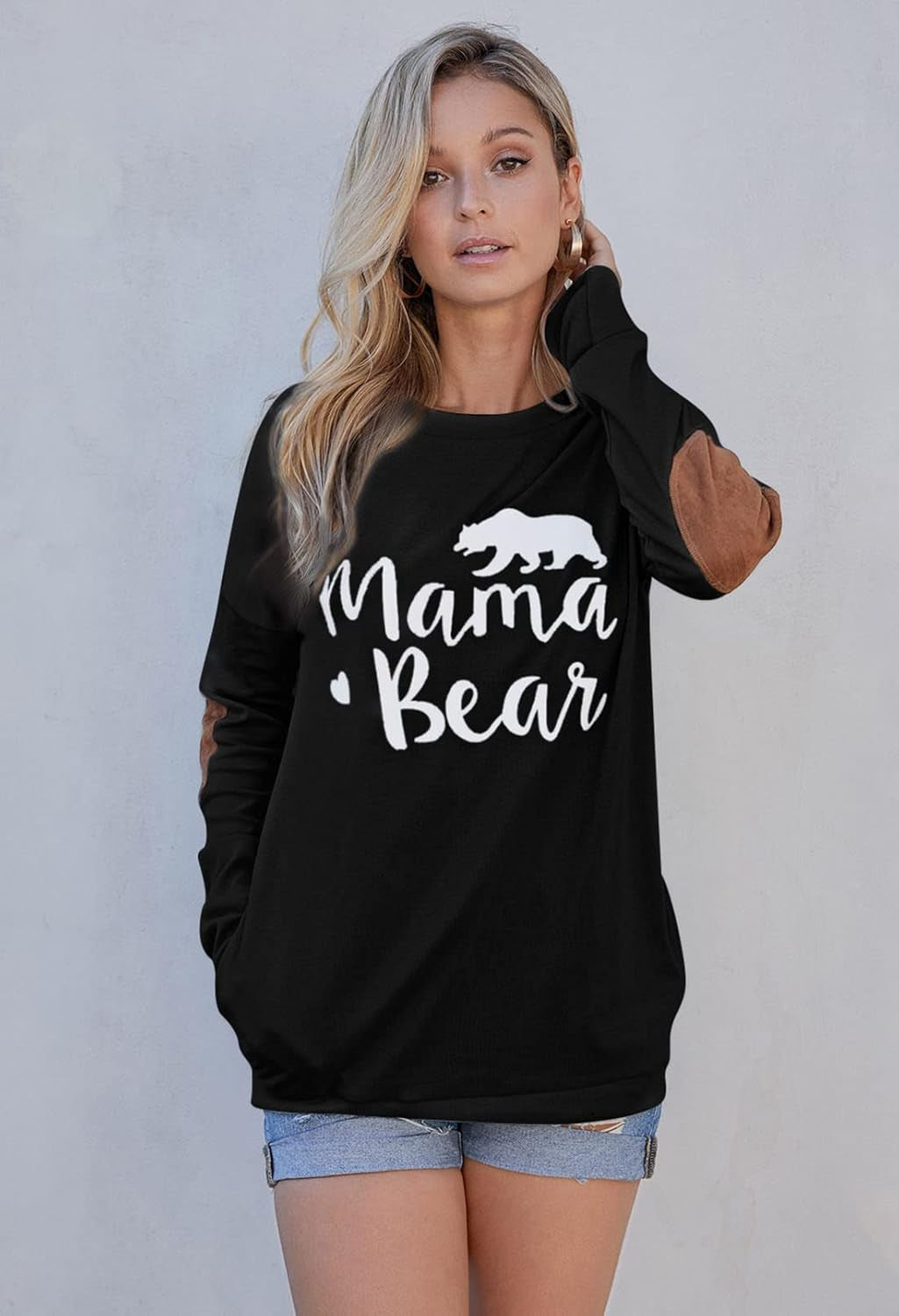 Women'S Mama Bear Shirt Long Sleeve Patches Pockets Top Black Size S