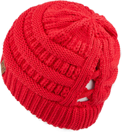 Exclusives Soft Stretch Cable Knit Messy Bun Ponytail Beanie Winter Hat for Women (MB-20A)