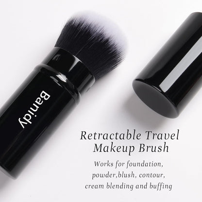 Makeup Brush Kabuki Face Brushes Retractable Travel Blush Brush Portable Flawless for Foundation, Powder Blush, Bronzer, Buffing, Liquid, Cream, Cruelty Free with Cover(Round-Head)