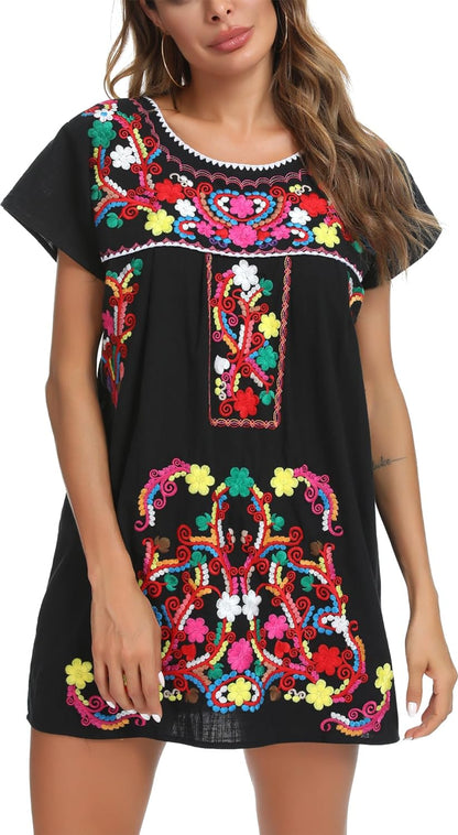 Women Mexican Embroidered Dress Short Sleeve