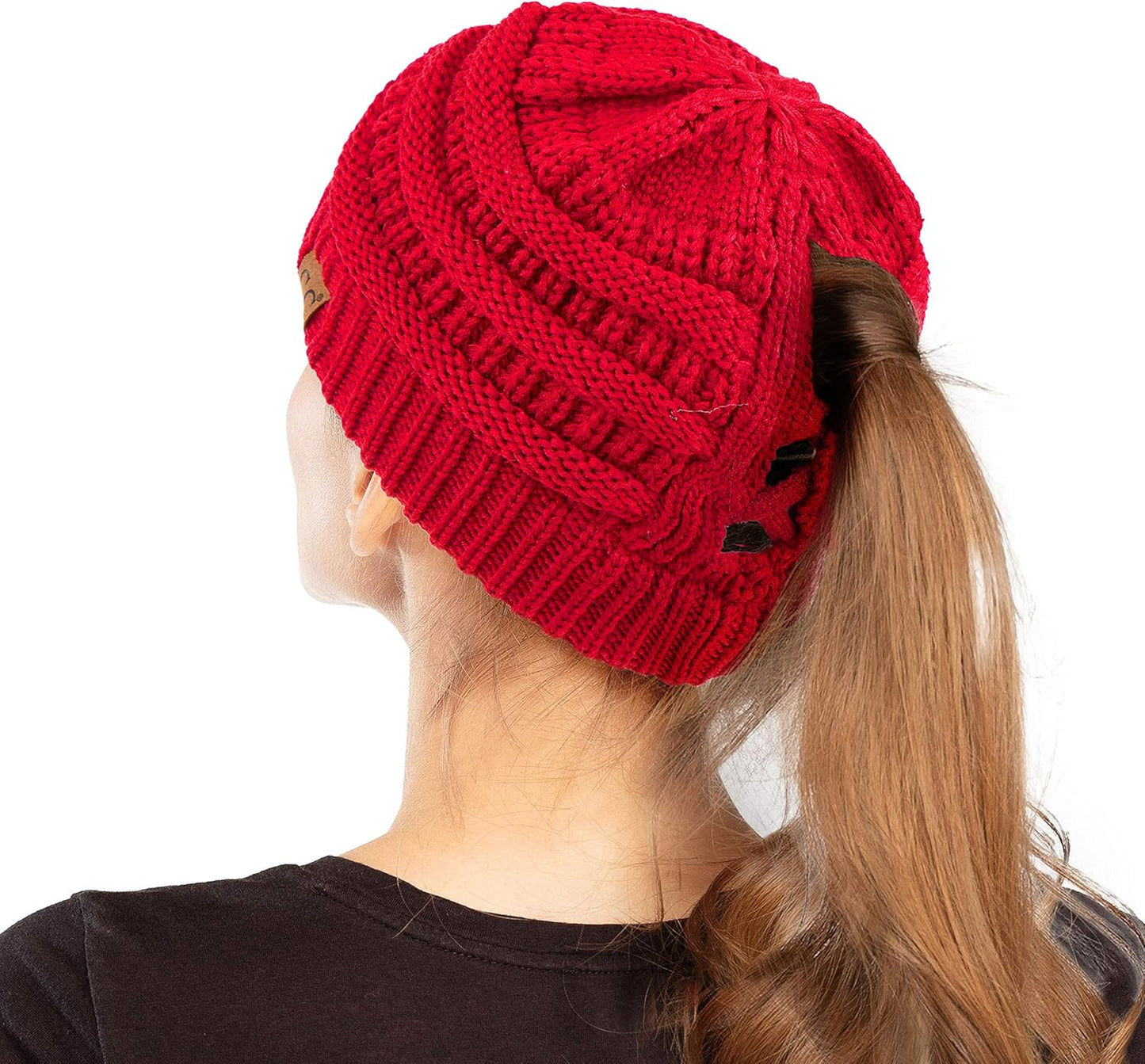 Exclusives Soft Stretch Cable Knit Messy Bun Ponytail Beanie Winter Hat for Women (MB-20A)