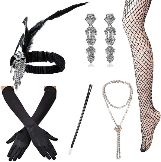 1920S Accessories Set Flapper Headband,Gloves,Net Tights,Pearl Bracelet, Set13